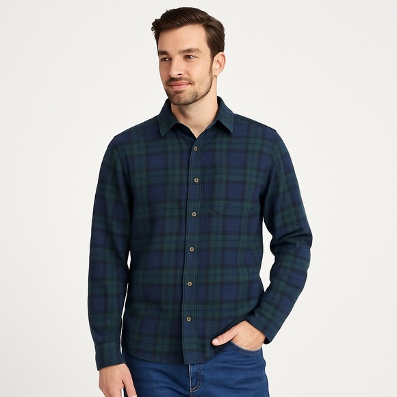 L.L.Bean Scotch Plaid Flannel Shirt Black Watch Tartan Navy Green Men’s M Reg - Picture 11 of 13